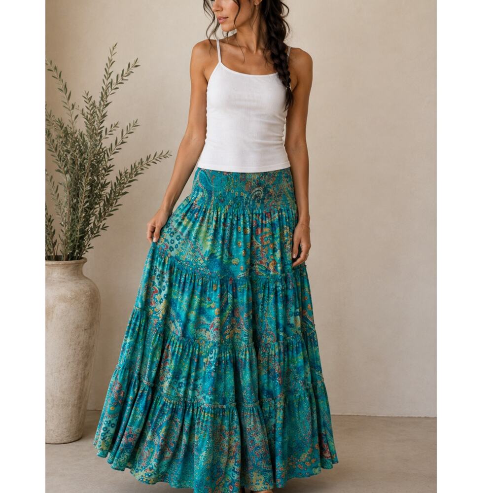 Lauren Ralph Lauren Turquoise Paisley Tiered Cotton Maxi Skirt Boho Size M